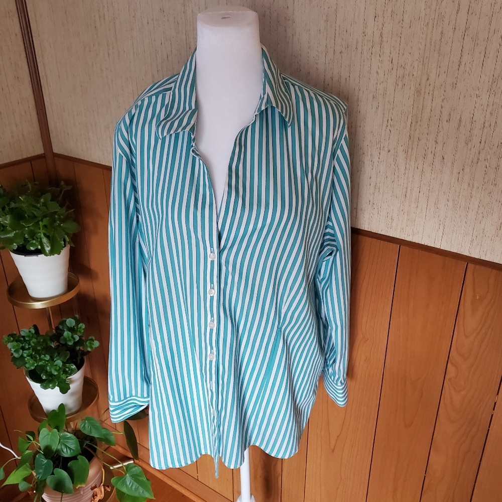Foxcroft 100% Cotton Striped Button Down Shirt‎ Teal Green White Size XXL - Picture 14 of 15